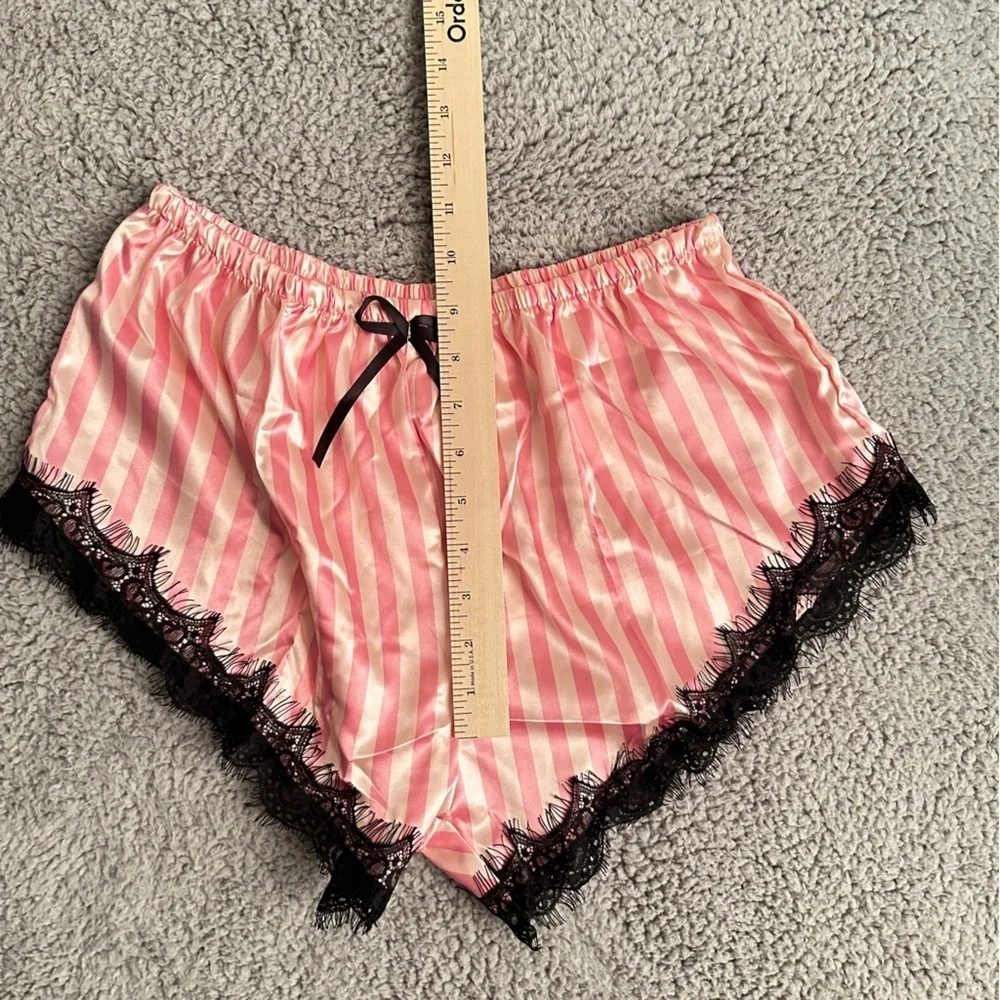New Chic Noir Elegance Black Lace & Pink Silk Lingerie Pajama Shorts Set